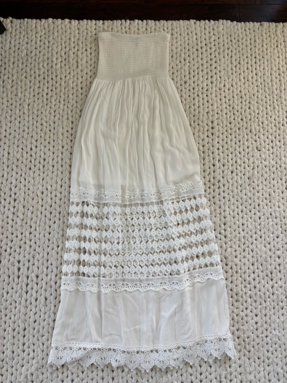 Boho Chic Strapless White Crochet Maxi Dress--SMALL
